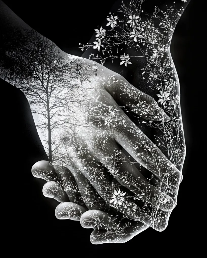 A black and white image showcases two hands clasped together, their skin overlaid with translucent images of a tree and delicate flowering branches.  The effect creates a surreal and ethereal feel, suggesting interconnectedness and the beauty of nature intertwined with human connection. The dark background emphasizes the delicate, almost ghostly, quality of the superimposed imagery.