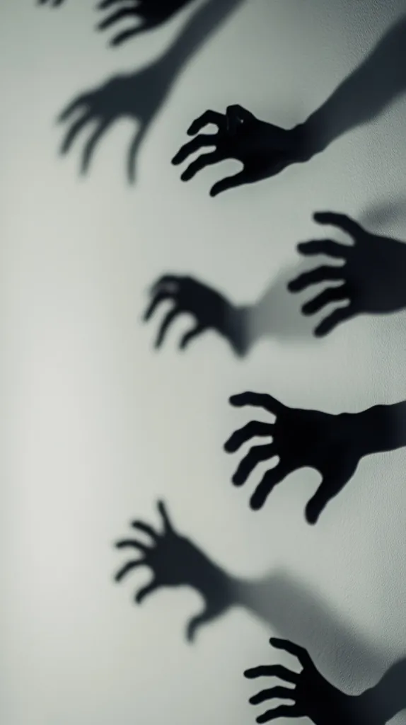A series of dark, shadowy handprints claw across a light gray wall, creating a chilling, suspenseful scene. The hands appear to be reaching out, their silhouettes suggesting a sense of urgency or threat.  The image's composition uses light and shadow effectively to evoke a feeling of unease and mystery.  The overall effect is eerie and unsettling.
