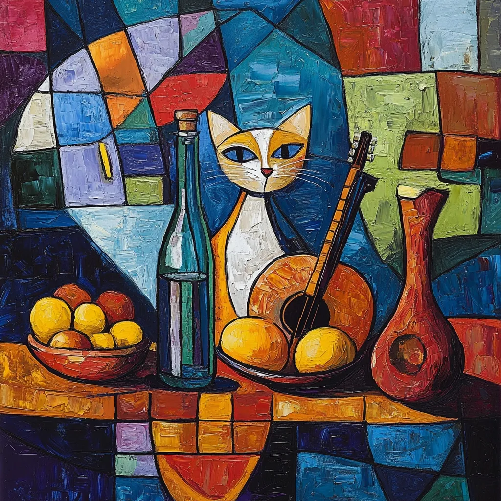 A vibrant, cubist-style painting depicts a still life scene.  A white and orange cat sits serenely beside a guitar, a bottle of wine, and a vase.  A bowl of oranges rests on a table, adding to the rich color palette. The background is a mosaic of bold geometric shapes in blues, reds, oranges, and greens, contributing to a dynamic and expressive composition.  The thick impasto technique gives texture and depth to the artwork.