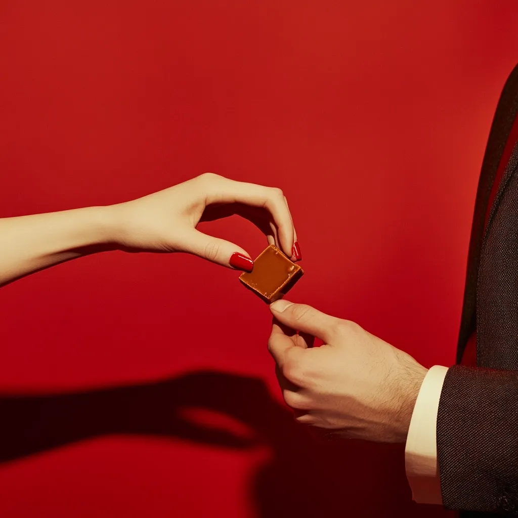 A woman's hand with red nails delicately offers a small, square piece of chocolate to a man's hand against a vibrant red background.  The image is minimalist and suggestive of romance or a sweet gesture. The contrast between the red backdrop and the brown chocolate is striking. The focus is on the exchange of the confection.