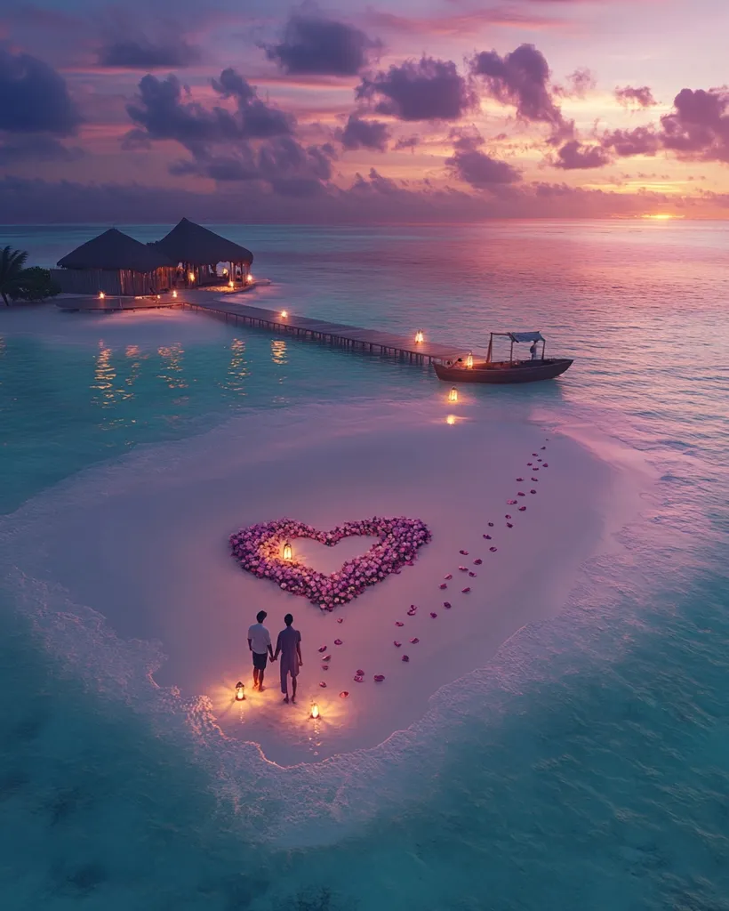 A breathtaking sunset illuminates a secluded island paradise.  A couple walks hand-in-hand towards a heart-shaped arrangement of pink flowers on the white sand, surrounded by softly lit lanterns.  A tranquil overwater bungalow and a small boat are visible in the distance, enhancing the romantic atmosphere.  The scene is idyllic, showcasing a perfect romantic getaway.
