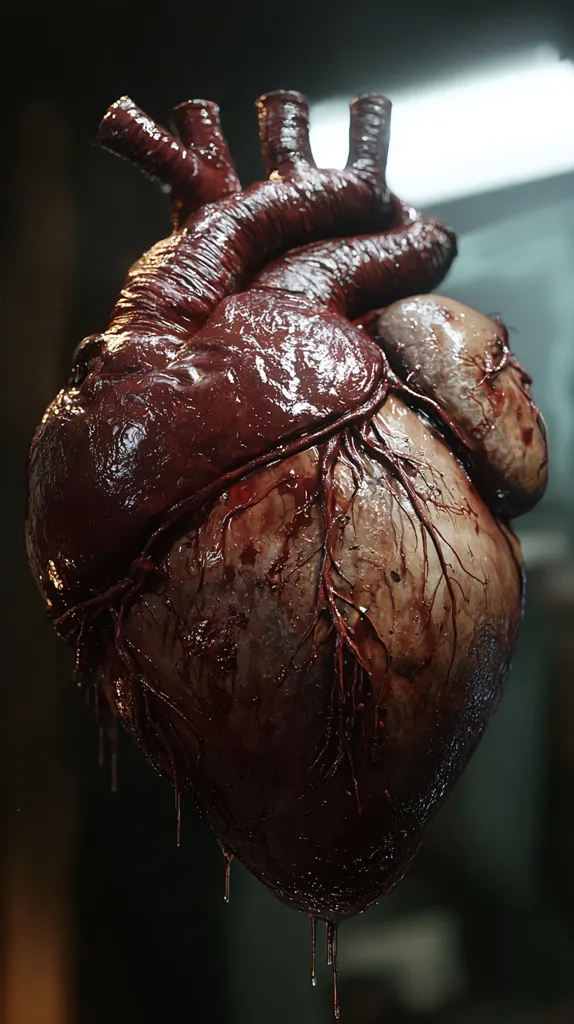 A hyperrealistic image depicts a human heart, seemingly excised and dripping with blood.  The detail is striking; the texture of the heart muscle, the blood vessels, and the viscous blood itself are vividly rendered.  The overall impression is one of gruesome realism, possibly intended for a medical or horror context.  The dark background accentuates the heart's macabre appearance.