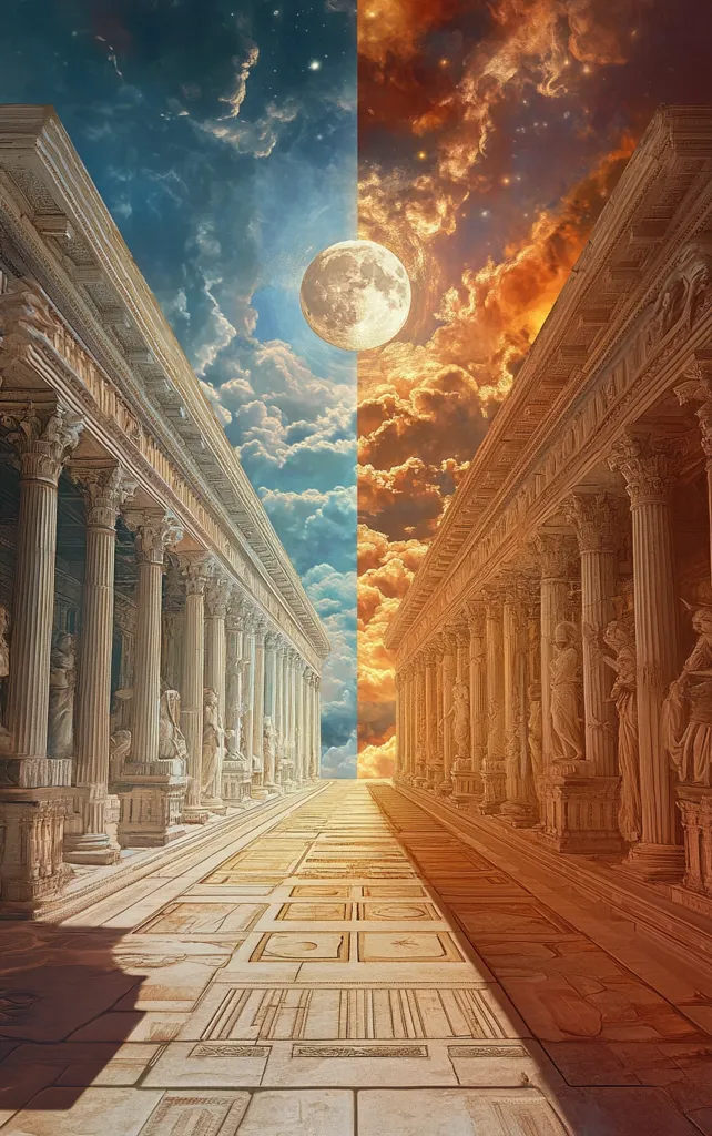 A fantastical image depicts two identical colonnades stretching towards a large full moon, bisecting a sky split into day and night.  The left side showcases a serene blue sky, while the right is ablaze with fiery orange clouds.  Statues adorn each column, creating a sense of grandeur and mystery. The path between the colonnades appears to lead directly to the moon, creating a surreal and awe-inspiring scene.