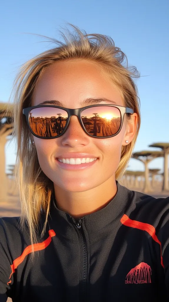 A young woman with blonde hair smiles brightly while wearing black sunglasses reflecting a sunset. The lenses show the silhouette of trees. She's dressed in a black athletic top with orange detailing and a small logo.  The background features a line of unique, tall trees under a clear blue sky.  The overall mood is cheerful and sunny.
