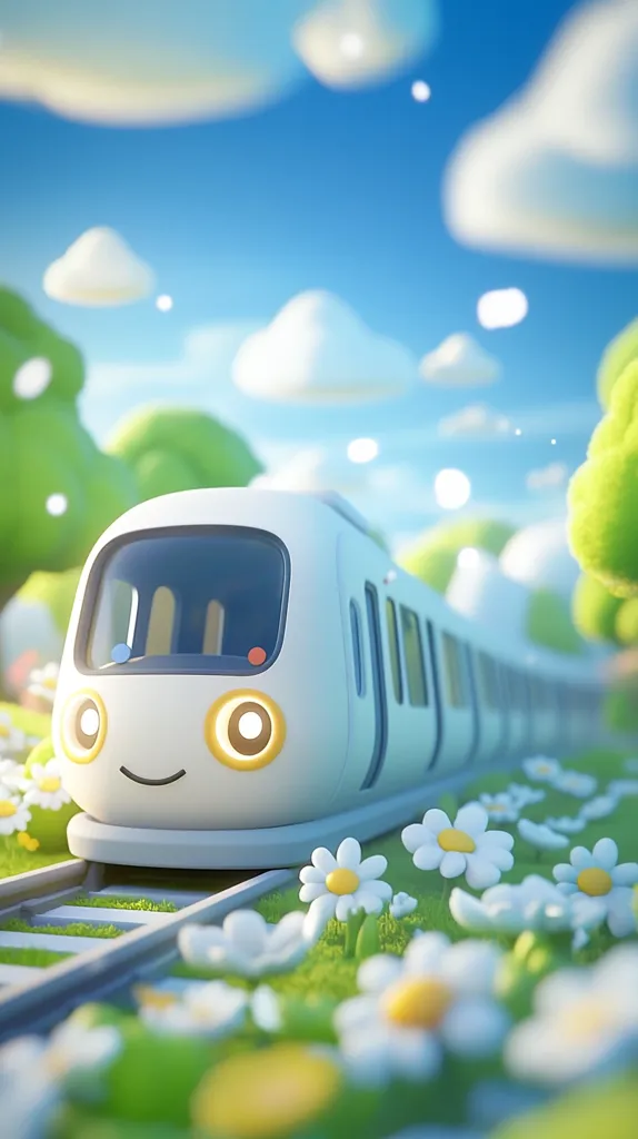 A cute, cartoonish white train with a smiling face travels through a whimsical landscape.  The train chugs along tracks nestled in a field of cheerful daisies under a bright, sunny sky dotted with fluffy clouds.  The scene is vibrant and playful, evoking feelings of joy and carefree adventure.