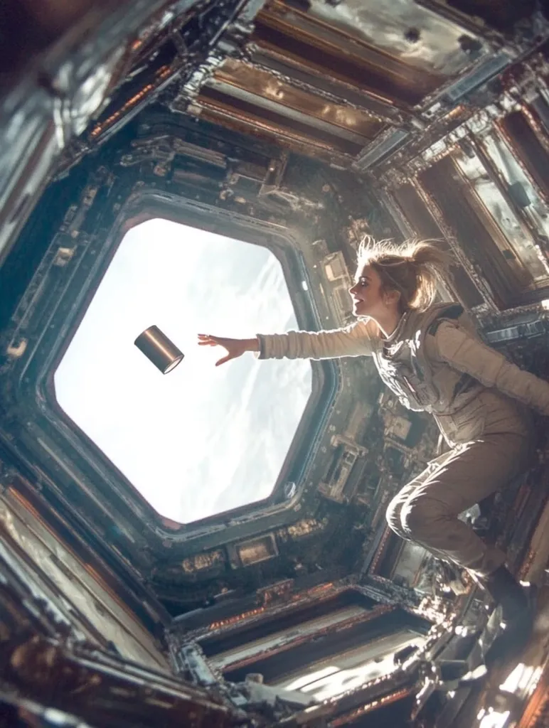 A woman in a spacesuit, inside a damaged spacecraft, reaches toward a cylindrical object floating upward through a large, hexagonal opening. The spacecraft's interior is dark and worn, with exposed metal and aged frames. Sunlight streams in through the opening, contrasting with the cramped, decaying surroundings. The scene evokes a sense of isolation and perhaps desperation.