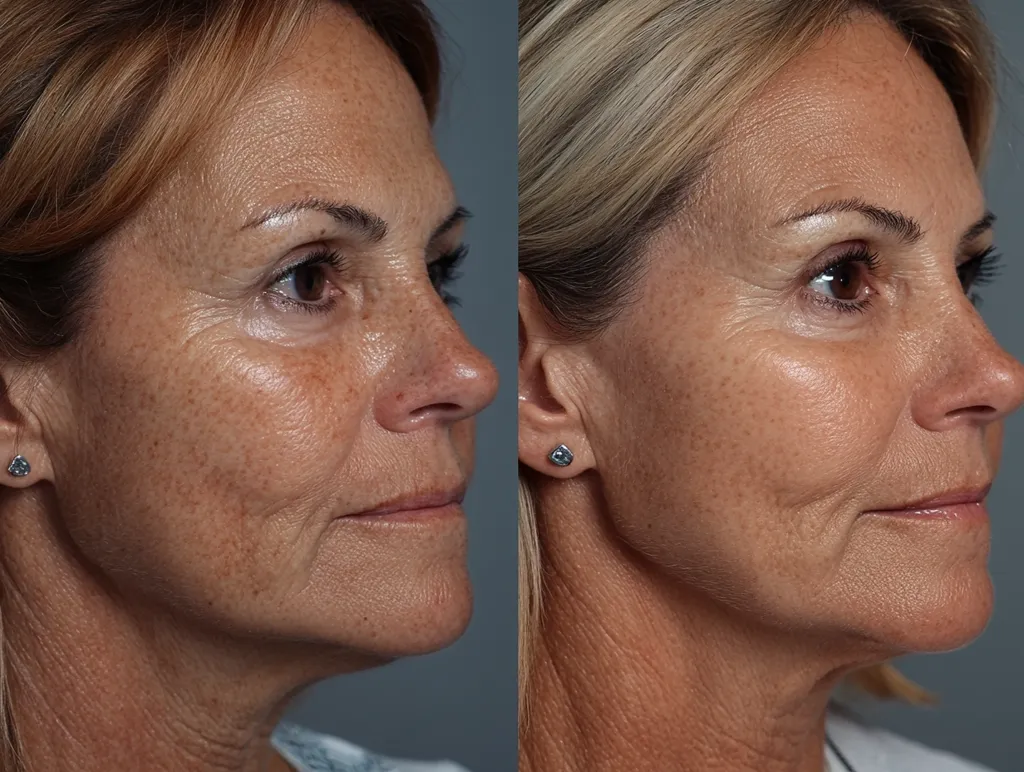A before-and-after image shows a woman's face.  The left side displays sunspots, wrinkles, and visible signs of aging. The right side shows a significant improvement in skin tone and texture, with reduced wrinkles and sunspots, suggesting a cosmetic procedure or treatment. The transformation showcases smoother skin and a more youthful appearance.
