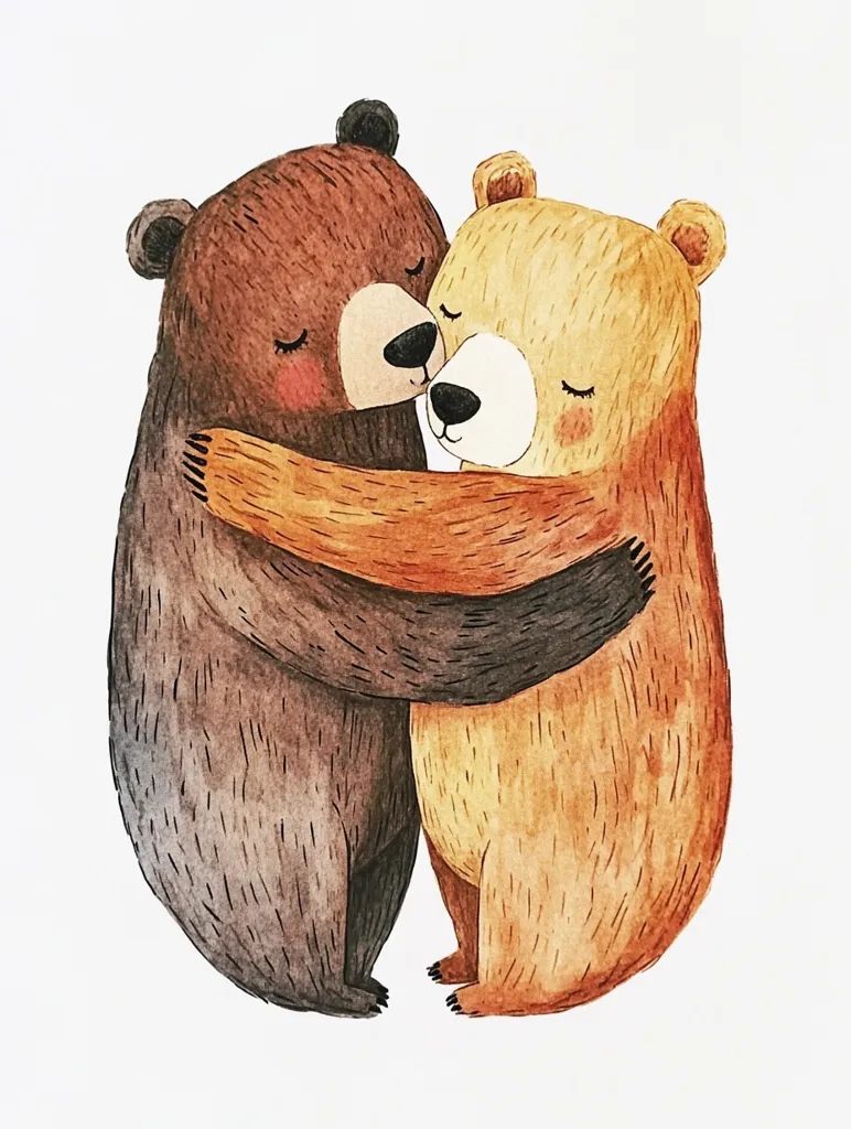 A heartwarming watercolor illustration depicts two bears embracing tightly.  One bear is brown, the other a lighter, orange-brown. Their eyes are closed, suggesting affection and contentment. The bears' cuddly posture and soft coloring create a sweet and gentle scene, perfect for a children's book or card.