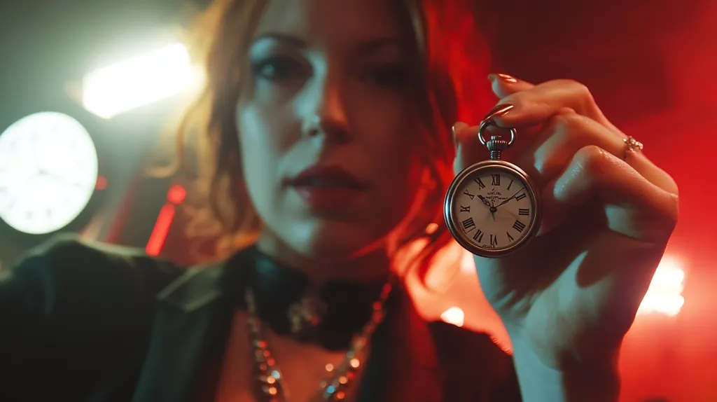 Close-up of a woman with red hair holding a vintage pocket watch.  She's wearing dark clothing and a choker necklace. The background is dimly lit with red and orange hues, and blurred clocks are visible. The woman's expression is serious and intense, her focus on the watch she holds. The image has a mysterious and somewhat gothic atmosphere.