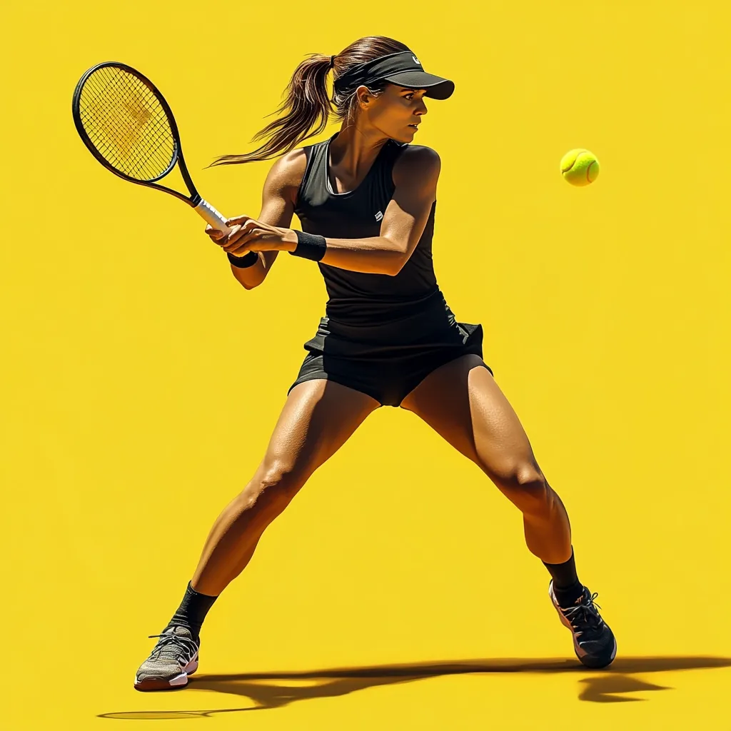 A female tennis player, in a black athletic outfit and visor, powerfully swings her racket, poised to hit a yellow tennis ball in mid-air.  The vibrant yellow background accentuates her dynamic form and athleticism.  Her focused expression and strong stance convey determination and skill.  The image is sharply focused, capturing the intensity of the moment.