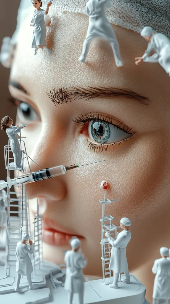 A close-up of a woman's face, digitally altered to depict miniature surgeons performing procedures.  Tiny figures climb ladders, wielding syringes and tools on her skin.  The image creates a surreal and slightly unsettling commentary on cosmetic procedures and the human body as a landscape for intervention.  The woman's expression is pensive and her skin is meticulously detailed.