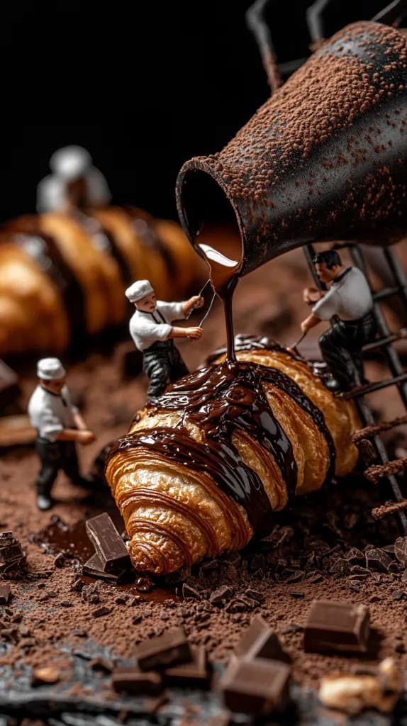 Miniature bakers pour melted chocolate over a large croissant.  Surrounding them are more croissants, chocolate shavings, and pieces of dark chocolate. The scene is set on a dark, cocoa-dusted surface, creating a rich, decadent tableau. The image emphasizes the deliciousness of chocolate and pastry through its creative use of scale and composition.