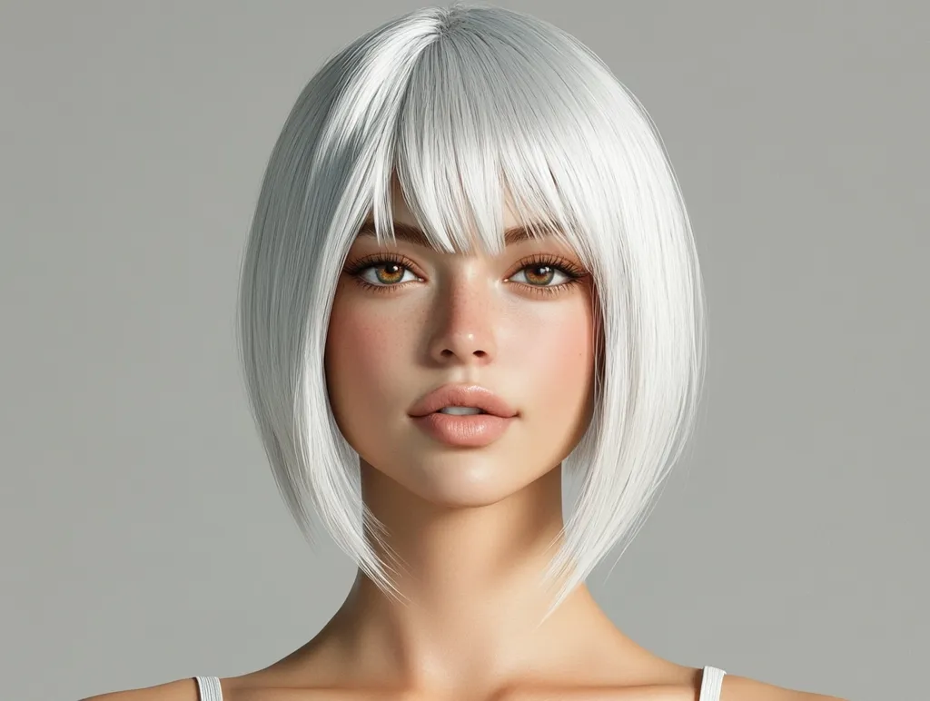 A digital rendering of a young woman with a sleek, chin-length bob of platinum blonde hair.  Her bangs are straight and her hair is styled with a slight inward curve. She has flawless, fair skin, light brown eyes, and full lips. The image is set against a neutral gray background, highlighting her features and hair color.  The overall aesthetic is clean and modern.