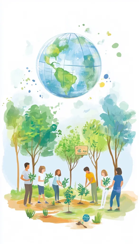 A watercolor illustration depicts a group of young adults planting trees beneath a large, stylized globe.  The scene is peaceful and evokes a sense of environmental stewardship.  The vibrant greens of the trees and the soft blues of the globe create a harmonious palette.  A small sign suggesting a reforestation project is visible.  The overall image promotes environmental awareness and community involvement in sustainability.
