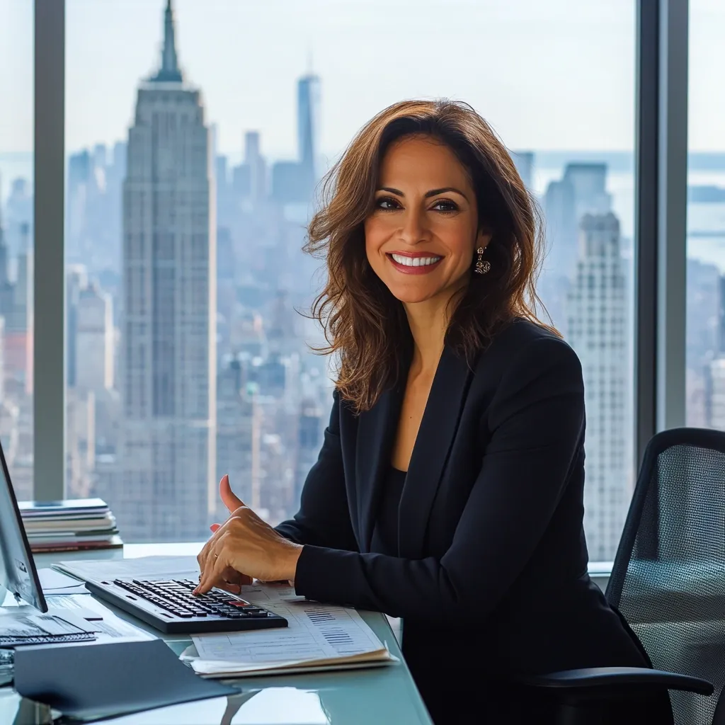 A smiling businesswoman sits at a glass desk in a modern office, the New York City skyline visible through a large window behind her.  She wears a black blazer and is using a calculator, paperwork spread before her.  The image projects success and professionalism within a corporate setting.