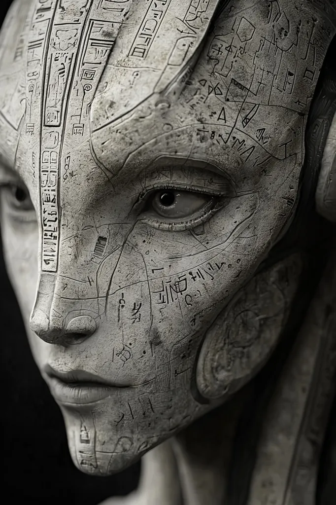 A close-up grayscale image depicts a stylized female face, seemingly sculpted from stone.  The surface is intricately carved with ancient-looking script and symbols, reminiscent of hieroglyphs.  The textures are rough and weathered, suggesting age and history. The eye, partially visible, holds a captivating depth, contrasting with the stony exterior. The overall impression is one of mysterious antiquity and technological artistry.
