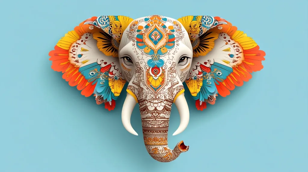 A vibrant, stylized elephant's head is depicted against a pale blue background.  Intricate, colorful patterns in shades of orange, yellow, teal, and white adorn the elephant's ears and trunk, resembling henna or mandala designs.  The overall effect is one of ornate beauty and cultural richness, suggesting South Asian or Indian artistic influences.  The elephant's expression is serene and majestic.