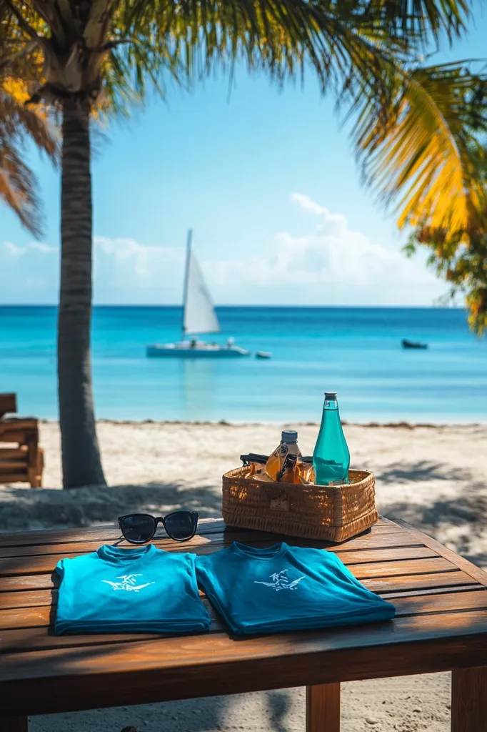 A wooden table sits on a pristine beach, shaded by palm trees.  Two bright blue shirts with a small logo are neatly folded on the table. Beside them, a wicker basket holds drinks and snacks.  In the background, a sailboat glides across the turquoise water, creating a picturesque tropical scene. Sunglasses rest near the shirts, completing the idyllic beachside setup.