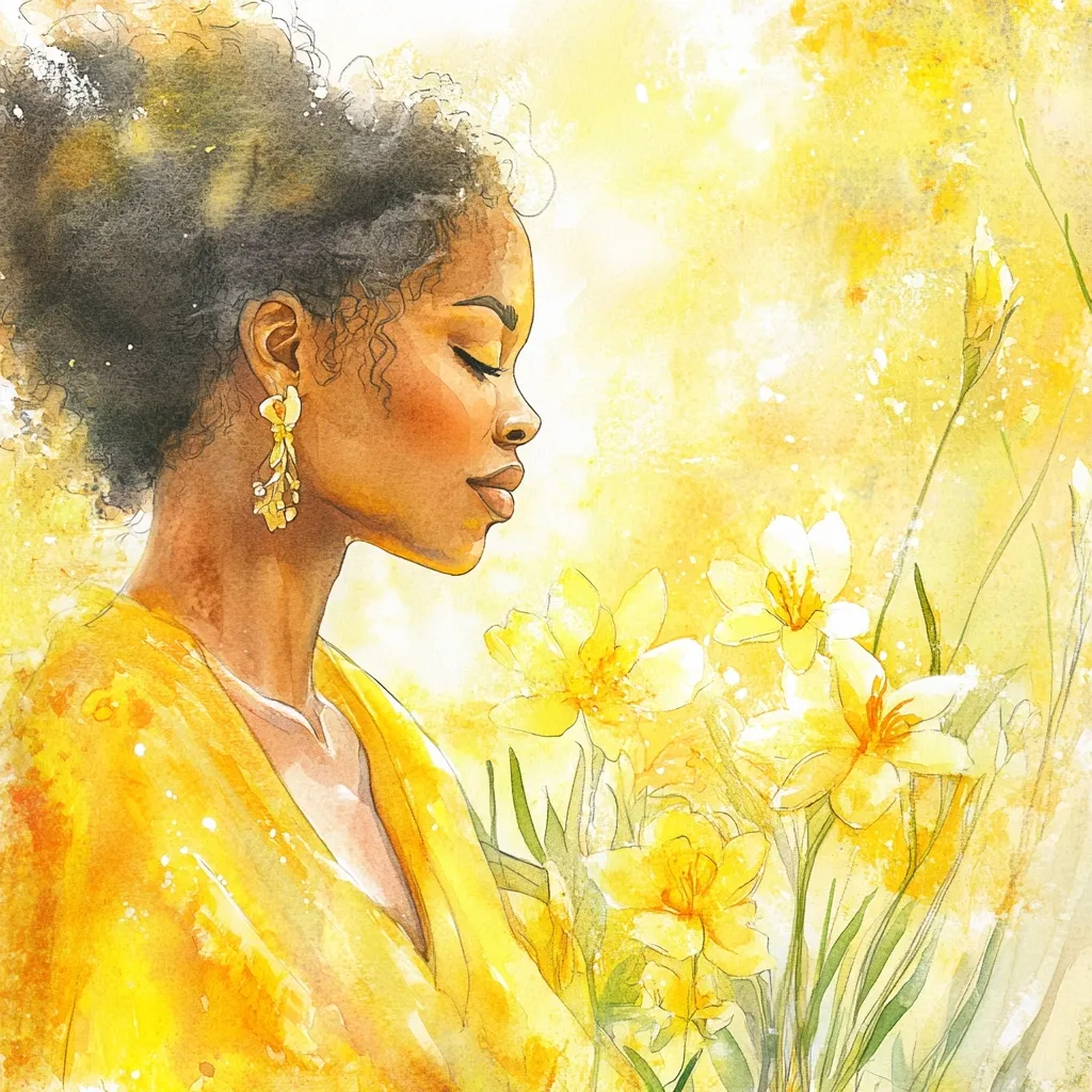 A watercolor painting depicts a serene Black woman with an afro, wearing a yellow dress and gold earrings.  Her eyes are closed, and she's positioned in profile, seemingly enjoying a bouquet of yellow daffodils. The overall tone is warm and sunny, with soft light and a wash of yellow hues dominating the composition. The style is romantic and evocative, emphasizing peace and tranquility.