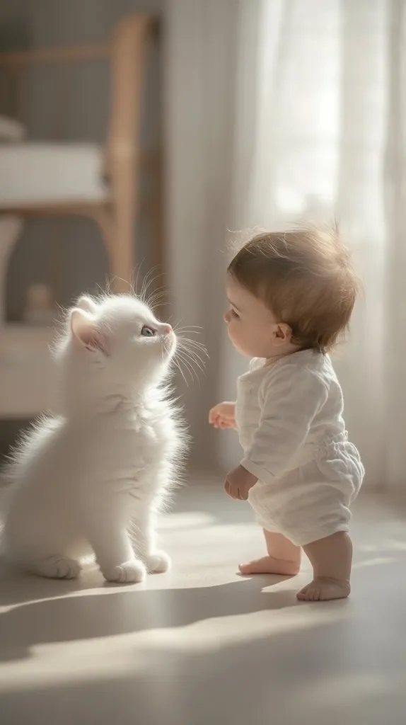 A fluffy white kitten sits facing a baby who is standing and looking at it.  Both are dressed in white.  Sunlight streams in from a window behind them, casting soft shadows on the light-colored floor.  The scene is peaceful and heartwarming, capturing a tender moment between a baby and a pet.