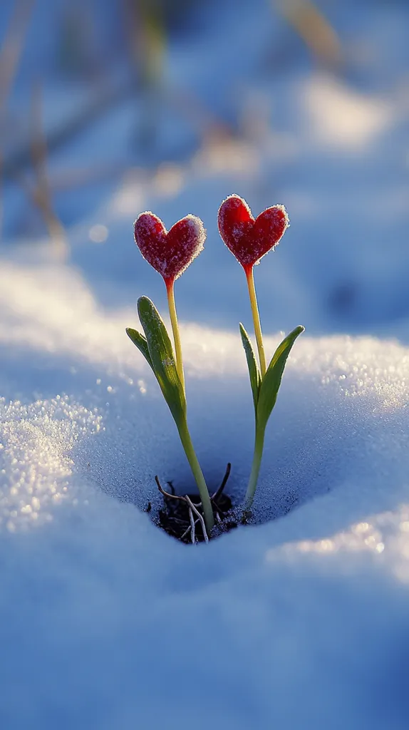 Two heart-shaped flowers emerge from the snow, their red petals dusted with frost.  The delicate green stems contrast against the pristine white.  The scene evokes a sense of resilience and the beauty of nature's persistence, even in winter's cold embrace.  The soft light highlights the scene, creating a romantic and serene atmosphere.
