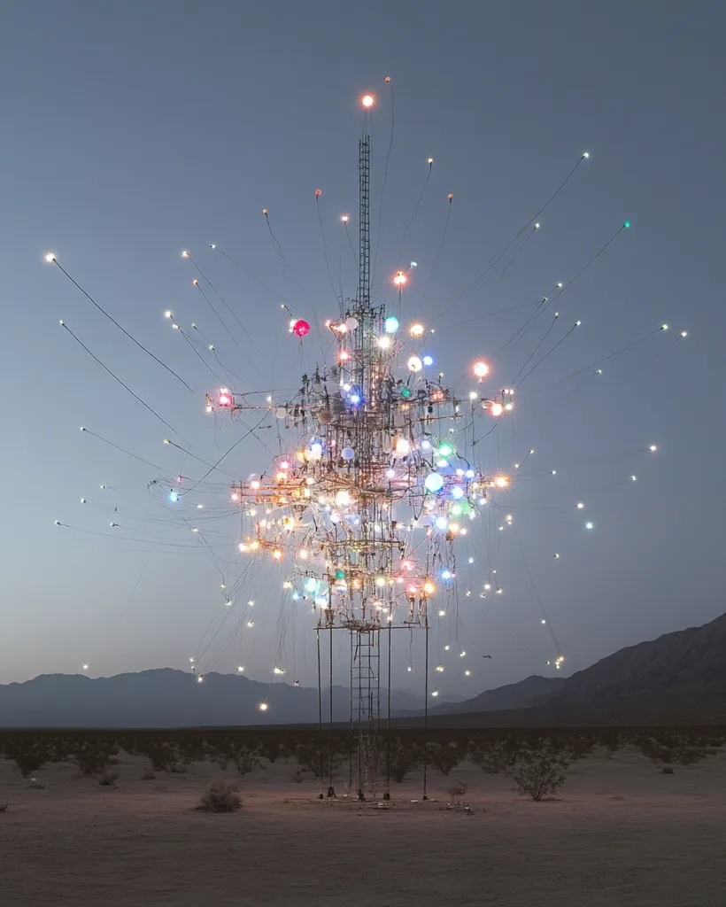 A tall, metal structure in a desert landscape is adorned with numerous colorful lights extending outward like a firework display. The lights vary in size and color, creating a vibrant and whimsical effect against the twilight sky. The structure appears intricate and complex, with wires and lights interwoven throughout. The desert landscape is muted, emphasizing the vibrant installation.