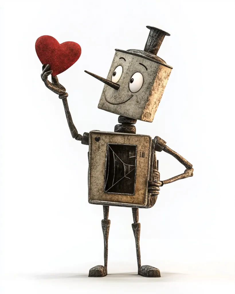 A charming, rusty robot with a long nose and top hat holds a red heart.  Its boxy body and weathered appearance give it a vintage feel.  The robot's large, expressive eyes convey a sense of gentle affection.  The overall image is whimsical and evokes a feeling of warmth and love.