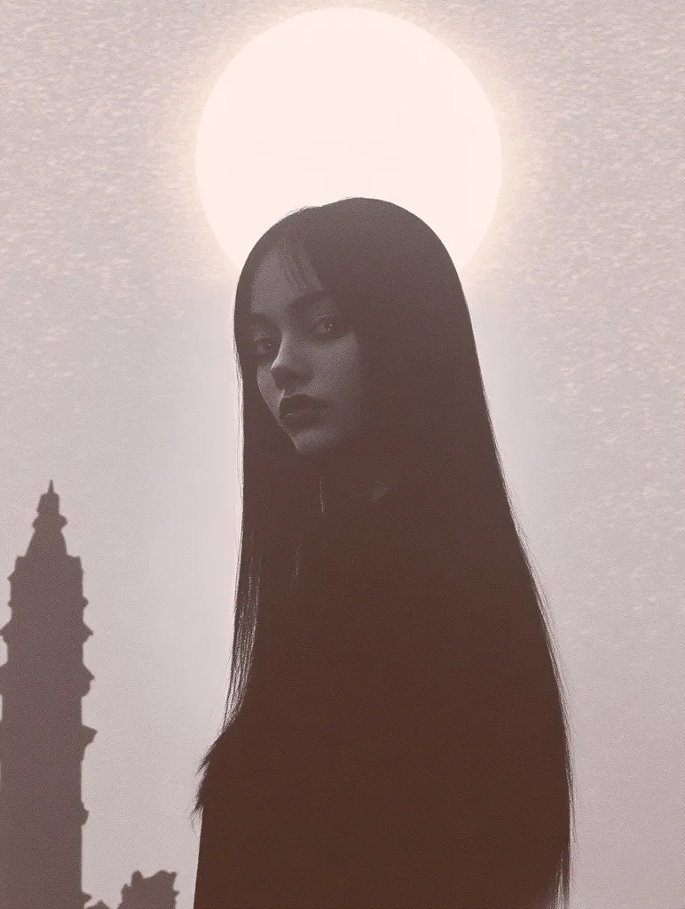 A monochromatic portrait depicts a young woman with long, dark hair, her face partially obscured by bangs.  She stands against a muted background featuring a large, bright orb reminiscent of a sun or moon. The shadow of a tall, slender structure, possibly a minaret, is cast on the wall behind her, adding to the image's mysterious and evocative atmosphere.  The overall style is artistic and somewhat surreal.