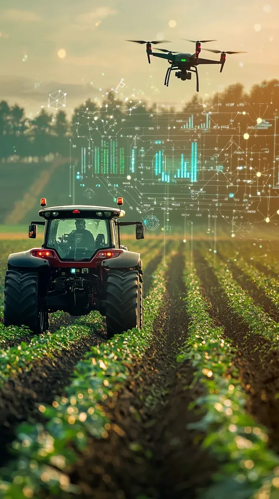 A modern tractor drives through a field of crops at sunset.  A drone hovers overhead, its camera likely collecting data.  A holographic overlay displays real-time agricultural information, showcasing precision farming technology integrating drones and tractors for optimized yield and efficiency.  The scene depicts the future of agriculture with advanced technological solutions.