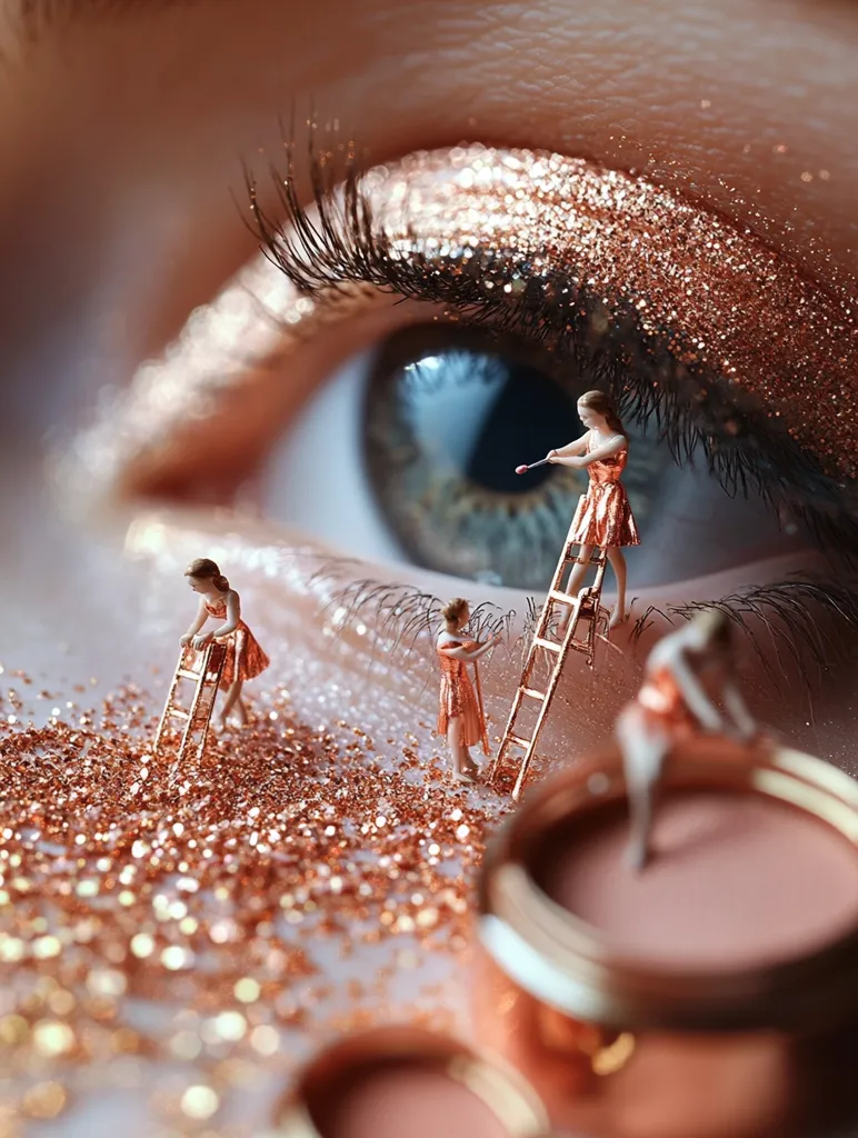 Miniature figures, dressed in rose gold, work diligently on a glittering eyeshadow.  Two tiny women use ladders to spread the shimmery particles, while another carefully tends to a spilled container of the same radiant pigment. The scene is set against a close-up of a human eye, creating a surreal and captivating contrast of scale and texture. The overall effect is whimsical and luxurious.