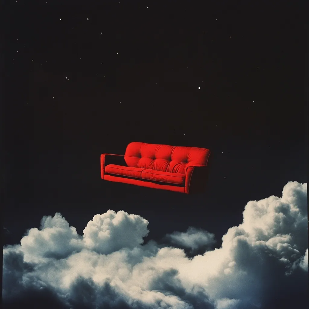 A vibrant red couch floats serenely amidst a backdrop of a starlit night sky and fluffy white clouds.  The surreal scene evokes a sense of calm and wonder, contrasting the ordinary object with the extraordinary setting. The image is dark and moody, with the red couch providing a striking focal point.