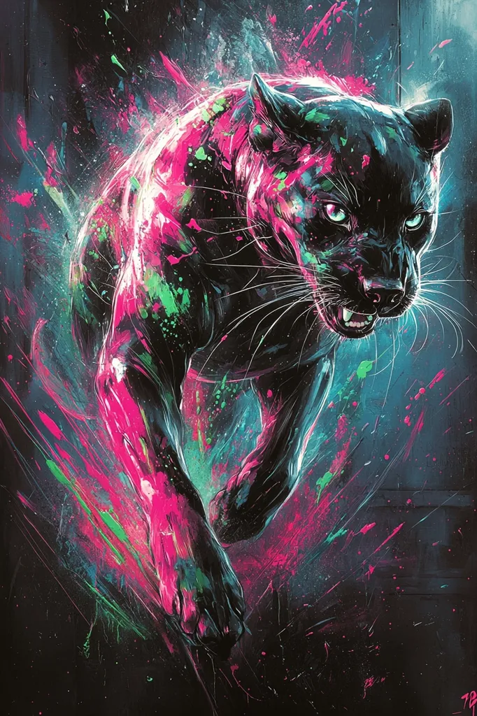 A vibrant digital painting depicts a black panther in motion.  The panther's form is rendered in stark black, contrasted by splashes of bright pink, teal, and green paint that explode around it, suggesting speed and energy. The panther's intense gaze and bared teeth convey power and aggression. The overall style is dynamic and expressive, blending realism with abstract elements.