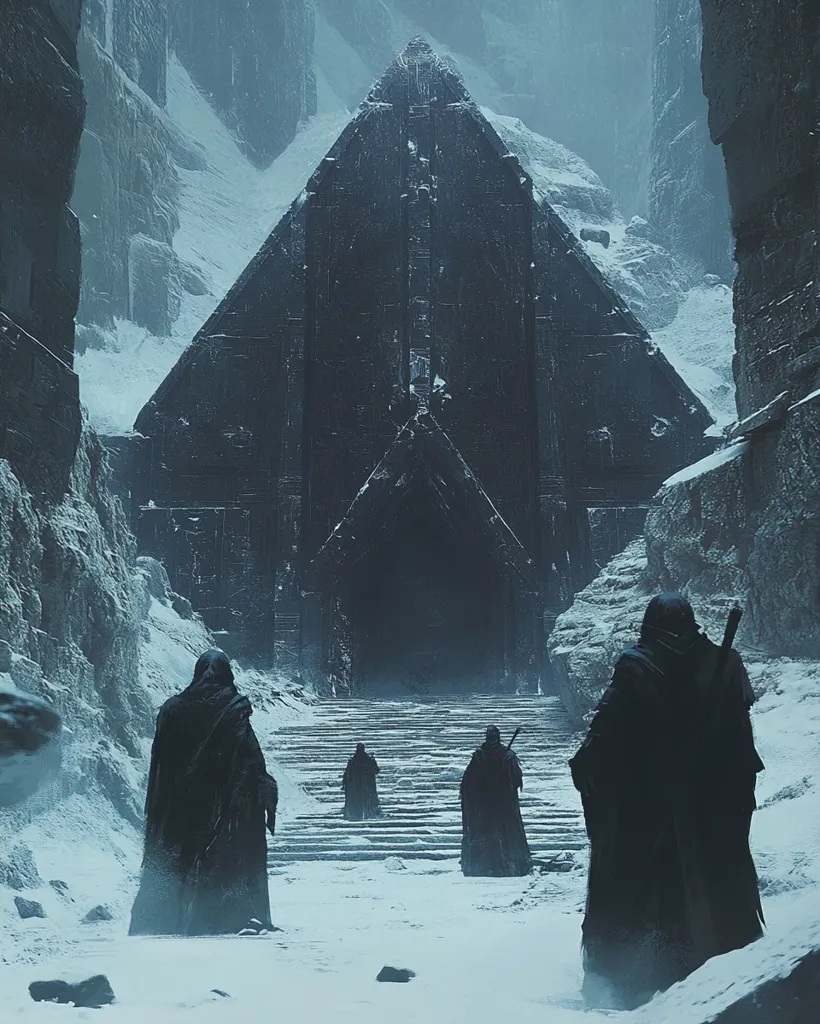 Three cloaked figures approach a massive, dark pyramid-shaped structure nestled within a snow-covered, desolate mountain pass.  The pyramid's entrance is a large, triangular opening, leading to an unseen interior. The scene is stark and ominous, evoking a sense of mystery and foreboding.  The figures' silhouettes against the bleak landscape add to the overall atmosphere of isolation and perhaps, impending danger.