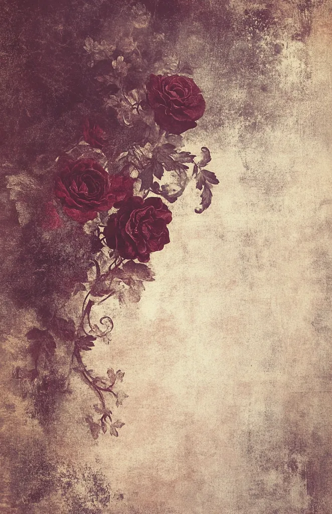 A vintage-style image features a cluster of dark red roses and foliage arranged on a textured, aged background.  The roses are rendered in a painterly style, with soft edges and subtle shading.  The background has a distressed, antique look with variations in tone and texture, suggesting age and wear. The overall aesthetic evokes a sense of nostalgia and romanticism.