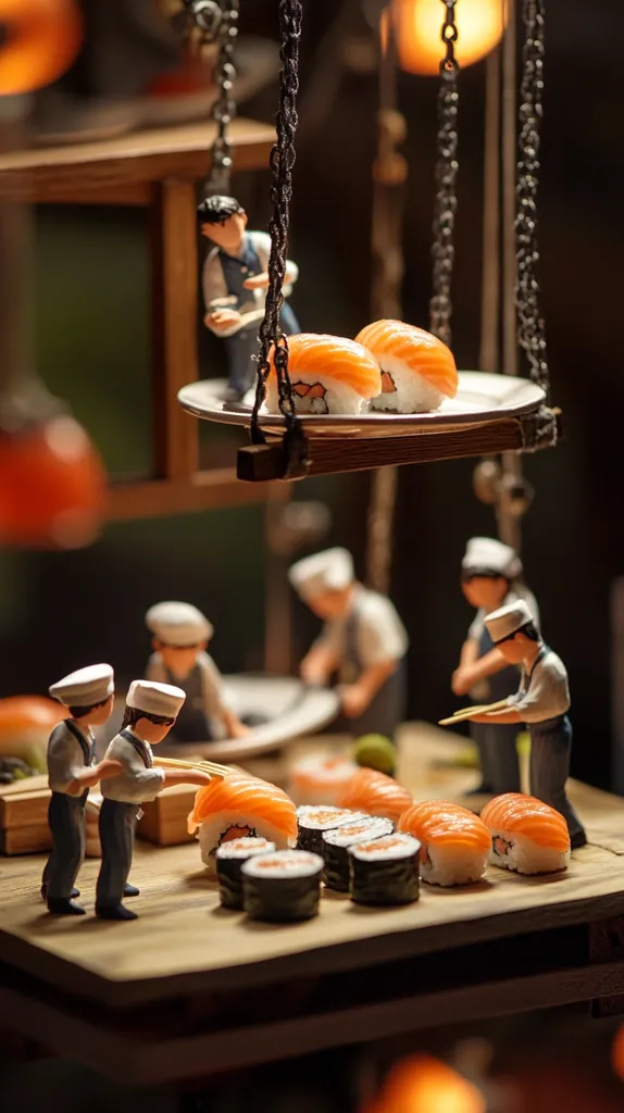 A miniature scene depicts sushi chefs preparing and serving salmon sushi.  Tiny figurines, dressed in chef's whites, meticulously arrange nigiri and maki on wooden boards.  Overhead, hanging scales display additional pieces of sushi.  The setting is dimly lit, enhancing the whimsical detail of the miniature world. The overall mood is one of playful artistry and culinary precision.