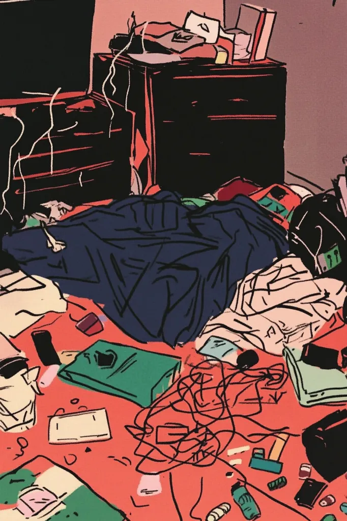 A messy bedroom scene is depicted in a stylized illustration.  A dark blue garment lies on a cluttered bed, strewn with various items including electronics, books, and cords.  A dark wooden dresser is partially visible in the background, piled with objects. The overall color palette is warm, with reds and oranges dominating, creating a chaotic yet vibrant image. The style is reminiscent of graphic novels or comic book art.