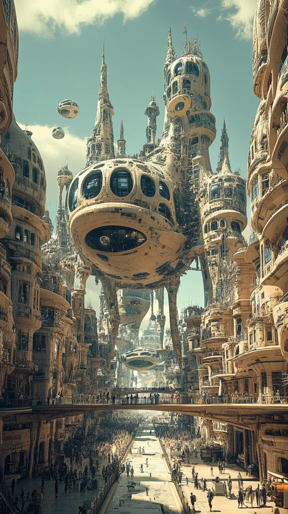 A futuristic city scene unfolds, showcasing towering, intricately designed buildings with a blend of medieval and space-age architecture.  Large, saucer-shaped vehicles hover amidst the structures, while pedestrian bridges connect densely populated streets below.  The overall aesthetic is a unique blend of old-world charm and advanced technology, creating a bustling, vibrant metropolis.