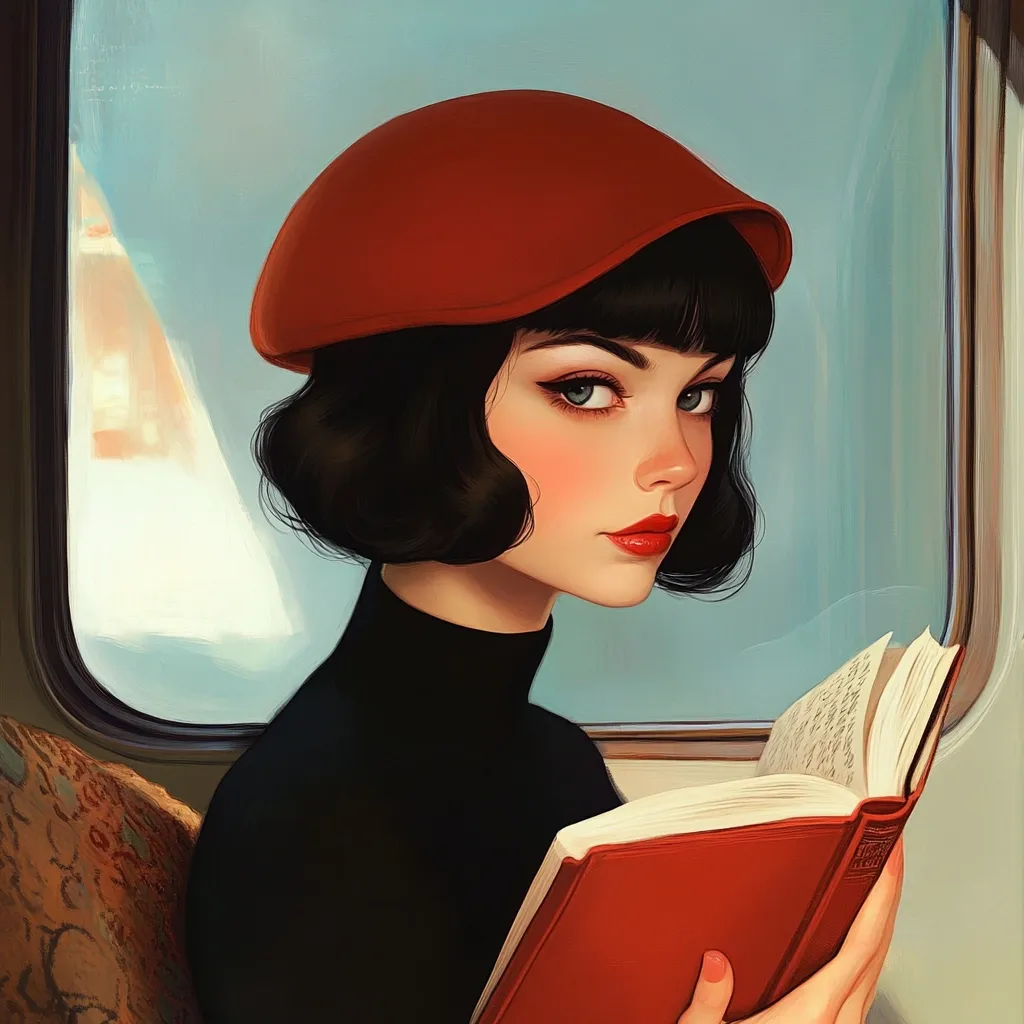 A stylized illustration depicts a young woman with dark bobbed hair wearing a red beret.  She sits on a plush seat, a book in her hands, gazing towards the viewer.  The setting appears to be a train or bus, indicated by a window showing a blurred, wintry landscape. Her expression is serene, and the overall color palette is muted and warm. The artistic style is reminiscent of vintage pin-up art with a modern, slightly melancholic twist.