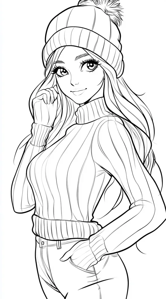 A line drawing of a young woman wearing a knit winter hat, turtleneck sweater, and jeans.  Her long hair flows down her back. She is posed with one hand in her pocket and the other near her face. The style is reminiscent of anime or manga, with large expressive eyes and detailed clothing textures. The image is suitable for coloring.