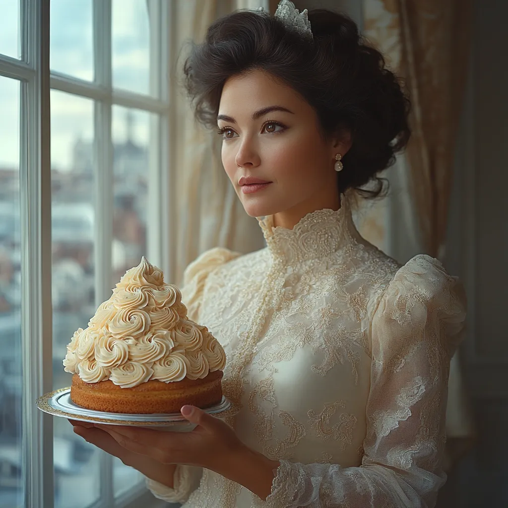 A woman in a vintage, lacy white dress and a tiara gazes out a window.  She holds a delicately decorated cake on a silver platter. The setting is elegant and reminiscent of a bygone era, with soft light and ornate window frames. Her expression is pensive and serene, creating a nostalgic and romantic atmosphere.