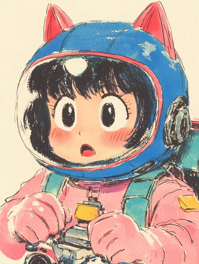 A whimsical illustration depicts a young girl astronaut, her helmet adorned with cute cat ears.  She wears a pink spacesuit and holds a camera, her large eyes wide with a surprised expression. The artwork's style is reminiscent of Japanese manga, using vibrant colors and a loose, expressive brushstroke.  The overall tone is playful and endearing.