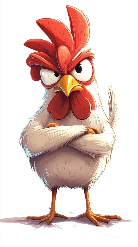 A cartoon rooster with a grumpy expression stands with its arms crossed.  Its bright red comb and wattle contrast with its off-white body.  The rooster's eyes are narrowed, conveying annoyance or displeasure. The style is digitally painted, with visible brushstrokes adding texture to the feathers. The overall impression is one of a stubborn and possibly irritated bird.