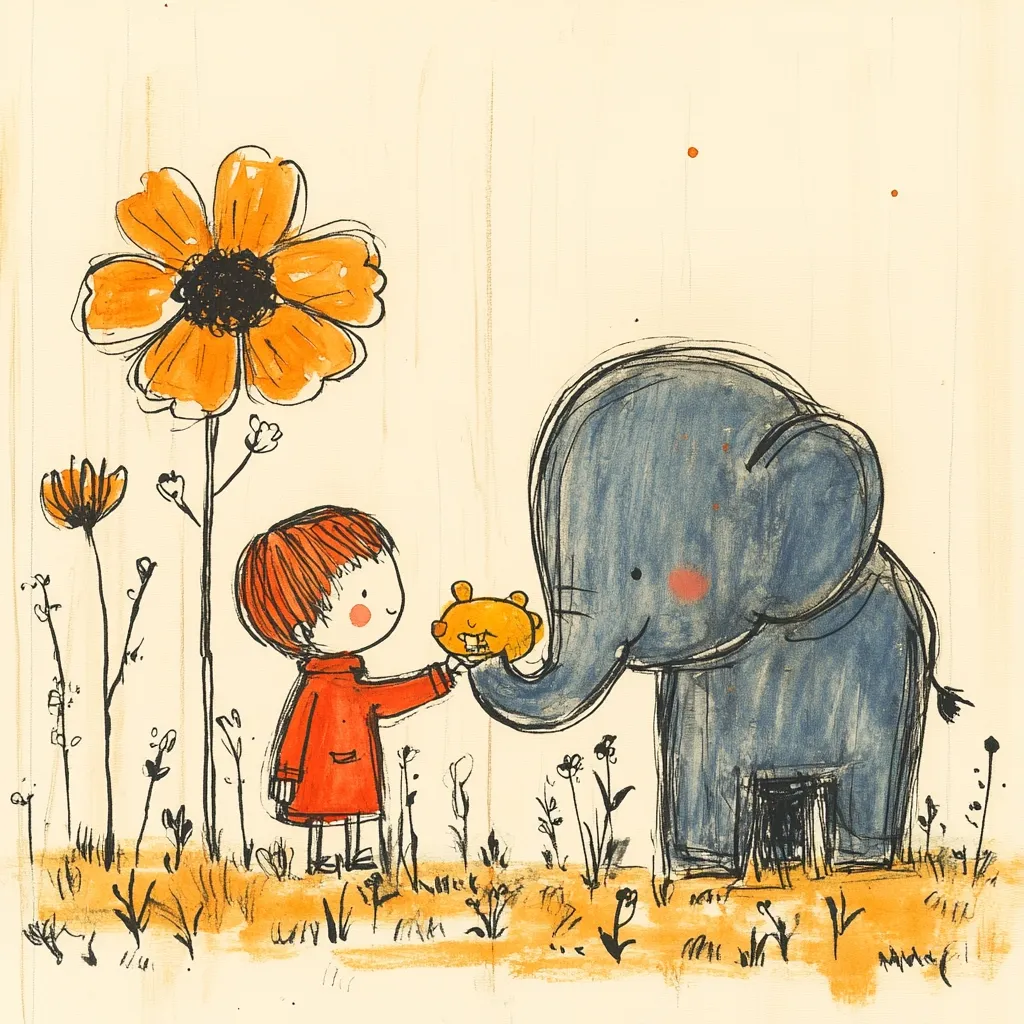 A charming illustration depicts a child in a red coat offering a small orange toy to a friendly-looking blue elephant.  They stand in a whimsical field of simple flowers and grasses. The style is loose and expressive, with visible brushstrokes creating a textured, childlike feel. The overall mood is gentle and heartwarming.