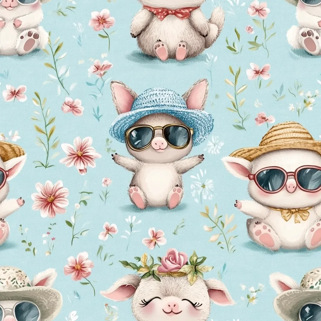 A charming seamless pattern features adorable cartoon animals, possibly wombats or lambs, adorned with hats and sunglasses.  They're depicted in various poses against a light blue background scattered with delicate pink and white flowers.  The style is whimsical and cute, suitable for children's apparel or home décor.  The animals display joyful expressions, enhancing the overall cheerful aesthetic.
