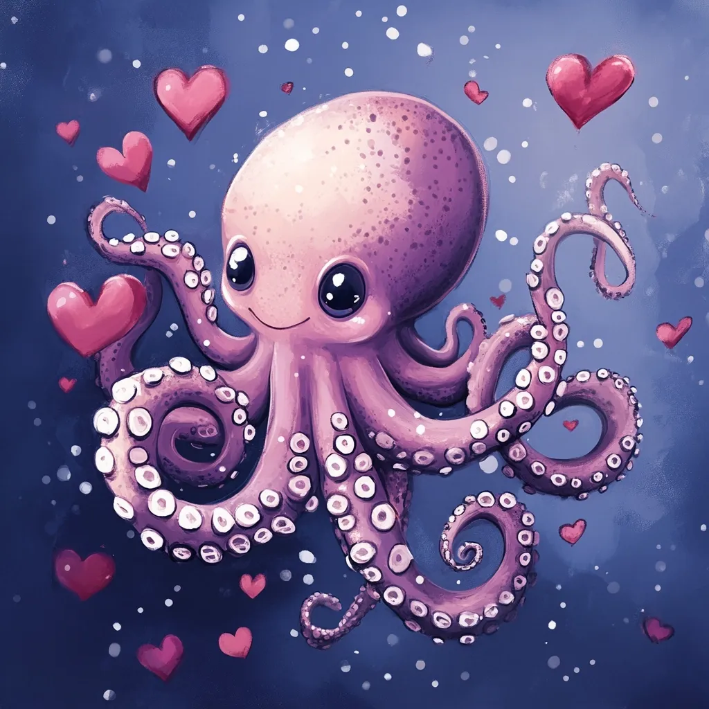 An adorable, cartoonish octopus, rendered in shades of pink and purple, is the central focus of this digital artwork.  Its large, expressive eyes and cheerful expression are complemented by numerous small, pink hearts floating around it, creating a whimsical and loving atmosphere.  The octopus's tentacles are elegantly curled, adding to its charm. The background is a dark, bluish-purple speckled with white dots, enhancing the overall dreamy aesthetic.