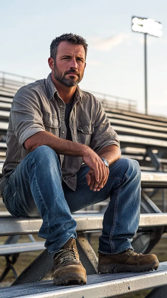 A man with a beard sits on metal bleachers, wearing a gray shirt, blue jeans, and brown boots.  The setting appears to be an outdoor stadium, with lights visible in the background. His expression is serious and contemplative. The overall mood is one of quiet strength and resilience.