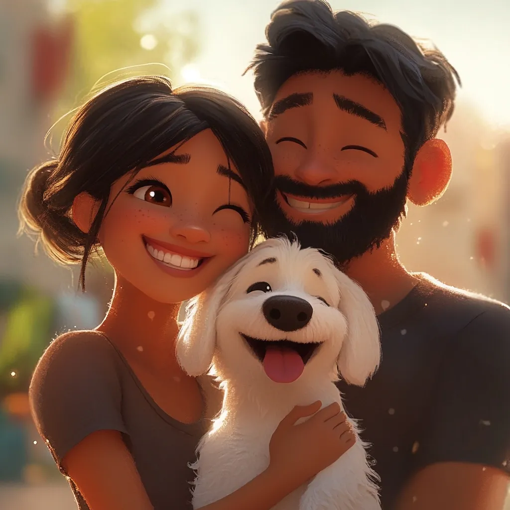 A charming illustration depicts a happy couple embracing their adorable fluffy white dog.  The woman, with dark hair and expressive eyes, smiles radiantly, nestled close to her bearded partner.  His joyful expression mirrors hers, creating a heartwarming scene of love and companionship.  The soft lighting and cartoonish style enhance the image's overall sweetness.