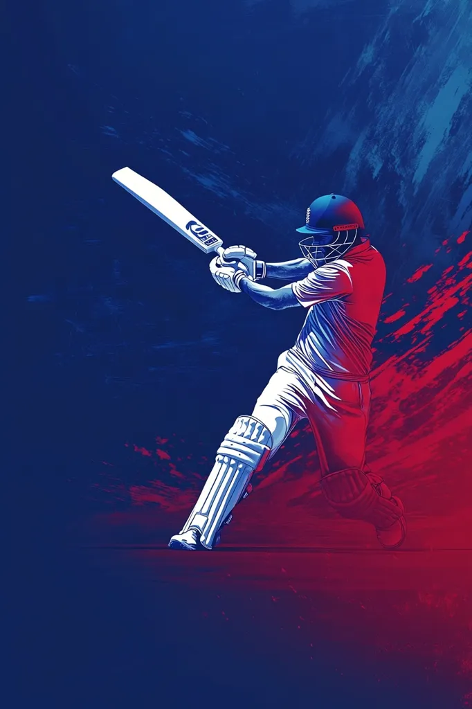 A dynamic illustration depicts a cricket player in full swing, powerfully striking the ball.  The player, clad in white uniform and protective gear, is captured mid-action against a vibrant backdrop of deep blue and fiery red hues.  The scene is stylized, with bold lines and a sense of motion, emphasizing the energy and skill involved in the sport. The bat, prominently featured, displays a brand logo.