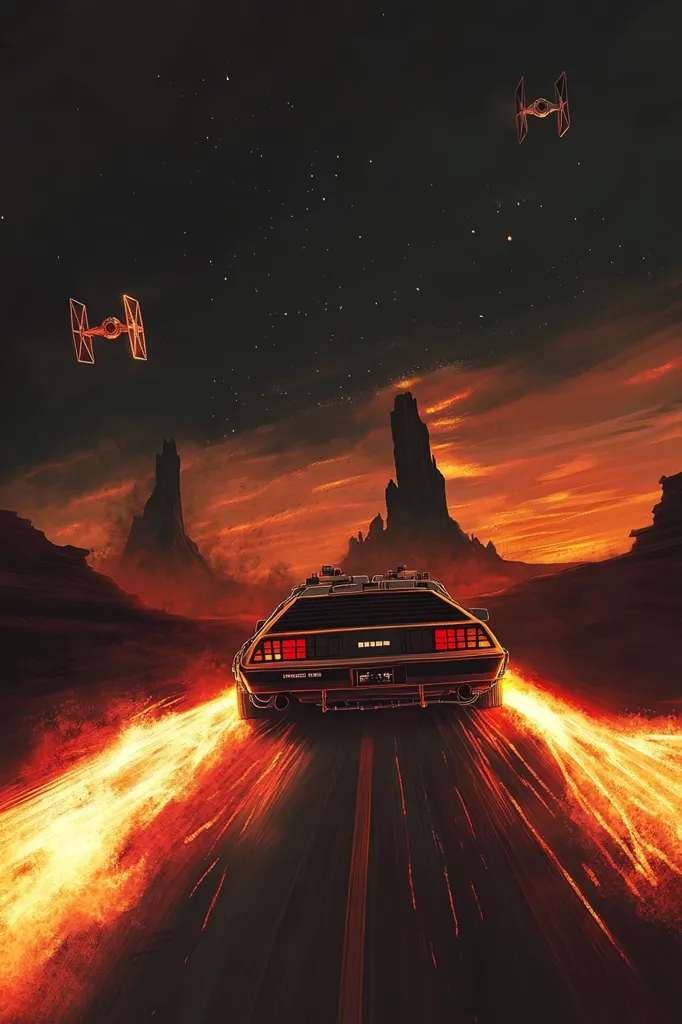 A DeLorean time machine speeds down a desert road at sunset, leaving a fiery trail.  Two TIE fighters from Star Wars fly overhead against a backdrop of a fiery orange and dark night sky, creating a surreal and cinematic blend of science fiction worlds.  The scene is dramatic and evokes a sense of adventure and speed.