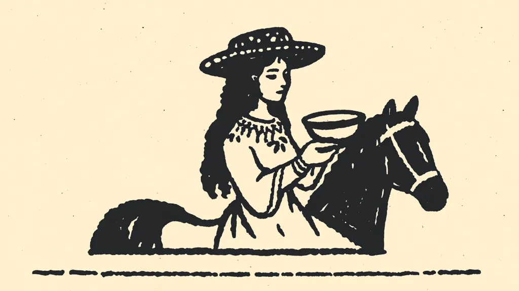 A black and white illustration depicts a woman with long hair, wearing a wide-brimmed hat and a long dress, sitting on a horse. She holds a bowl in her hands. The style is reminiscent of woodcut prints, with bold lines and shading. The background is a pale beige, giving the image a vintage or antique feel. The scene suggests a simple, perhaps rural, setting.